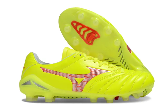 Mizuno Vermelho Branco Metálico Couro Sintético Acolchoado Vamp Solo Firme Sapatos de Futebol 10