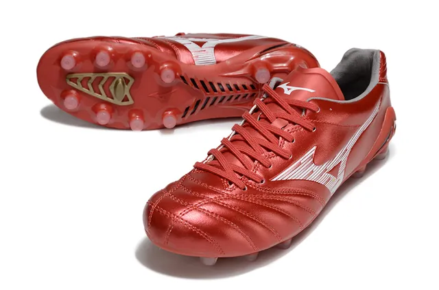 Mizuno Vermelho Branco Metálico Couro Sintético Acolchoado Vamp Solo Firme Sapatos de Futebol 14