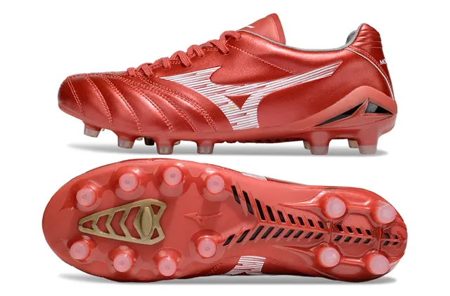Mizuno Vermelho Branco Metálico Couro Sintético Acolchoado Vamp Solo Firme Sapatos de Futebol 16