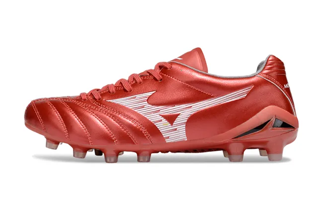 Mizuno Vermelho Branco Metálico Couro Sintético Acolchoado Vamp Solo Firme Sapatos de Futebol 17