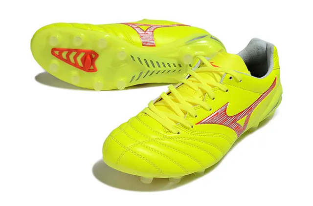 Mizuno Vermelho Branco Metálico Couro Sintético Acolchoado Vamp Solo Firme Sapatos de Futebol 24