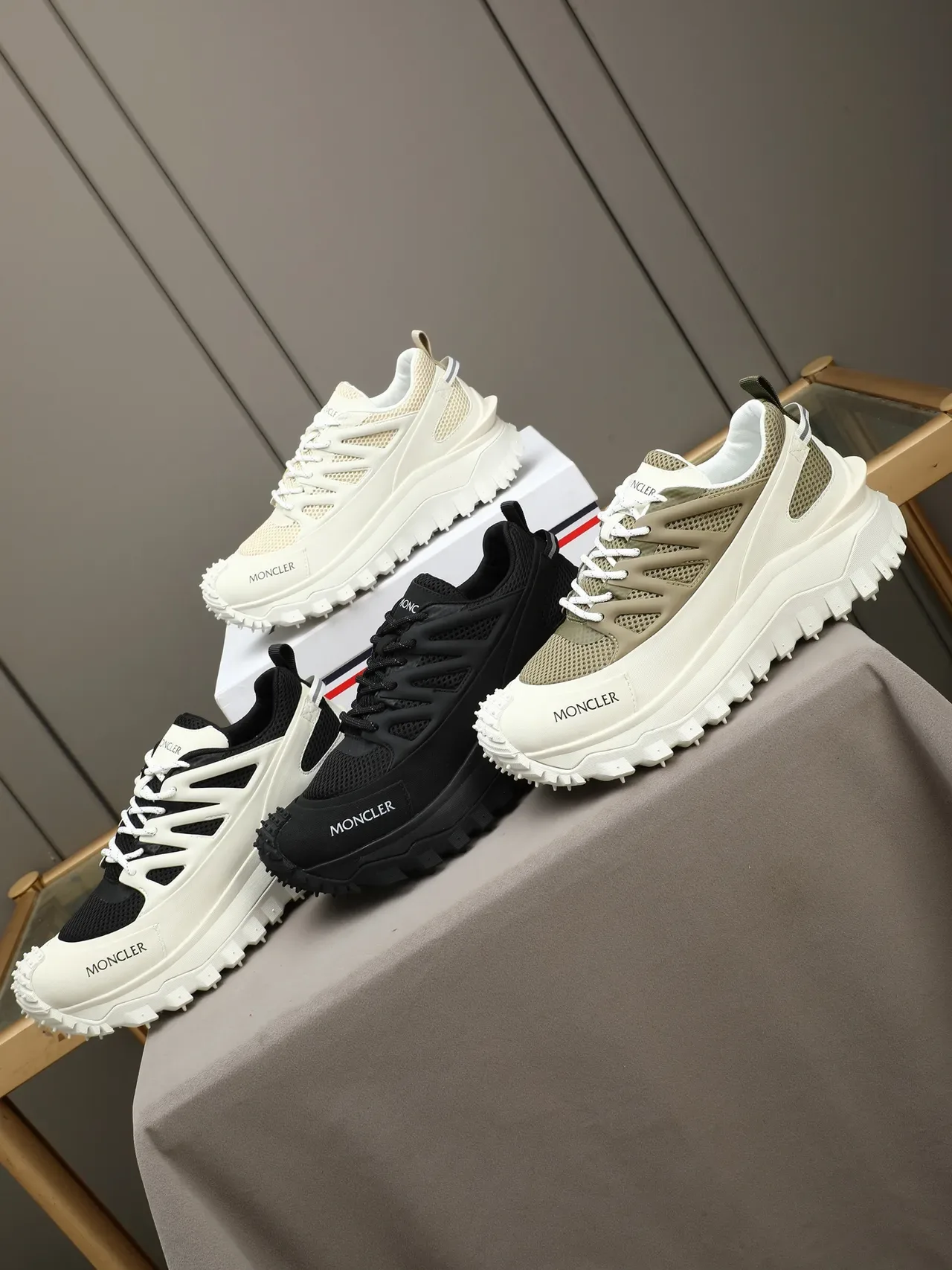 Moncler Beige Army Green Chunky Sole Mesh And Synthetic Overlay Construction Sneakers 2