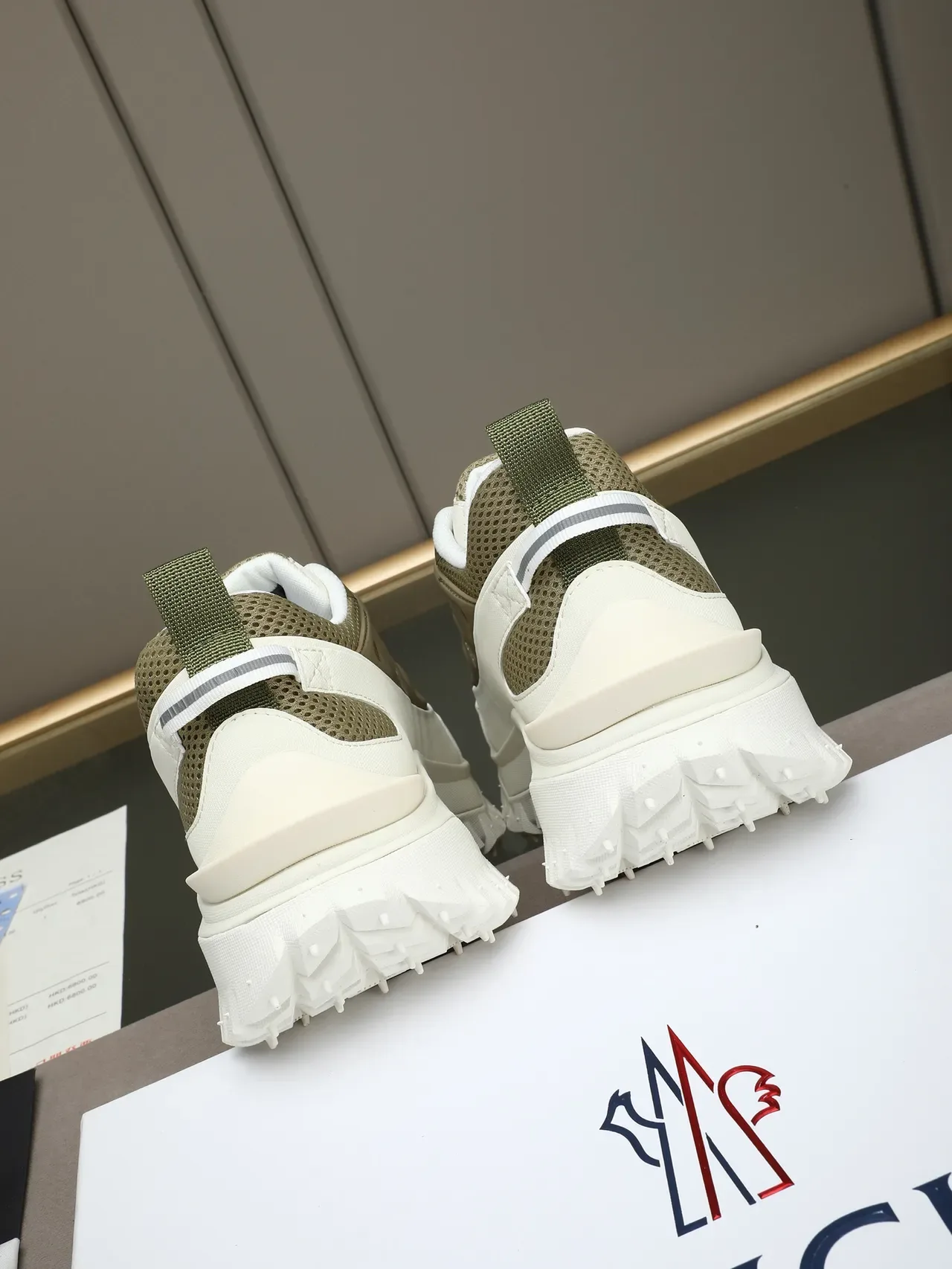 Moncler Beige Army Green Chunky Sole Mesh And Synthetic Overlay Construction Sneakers 3