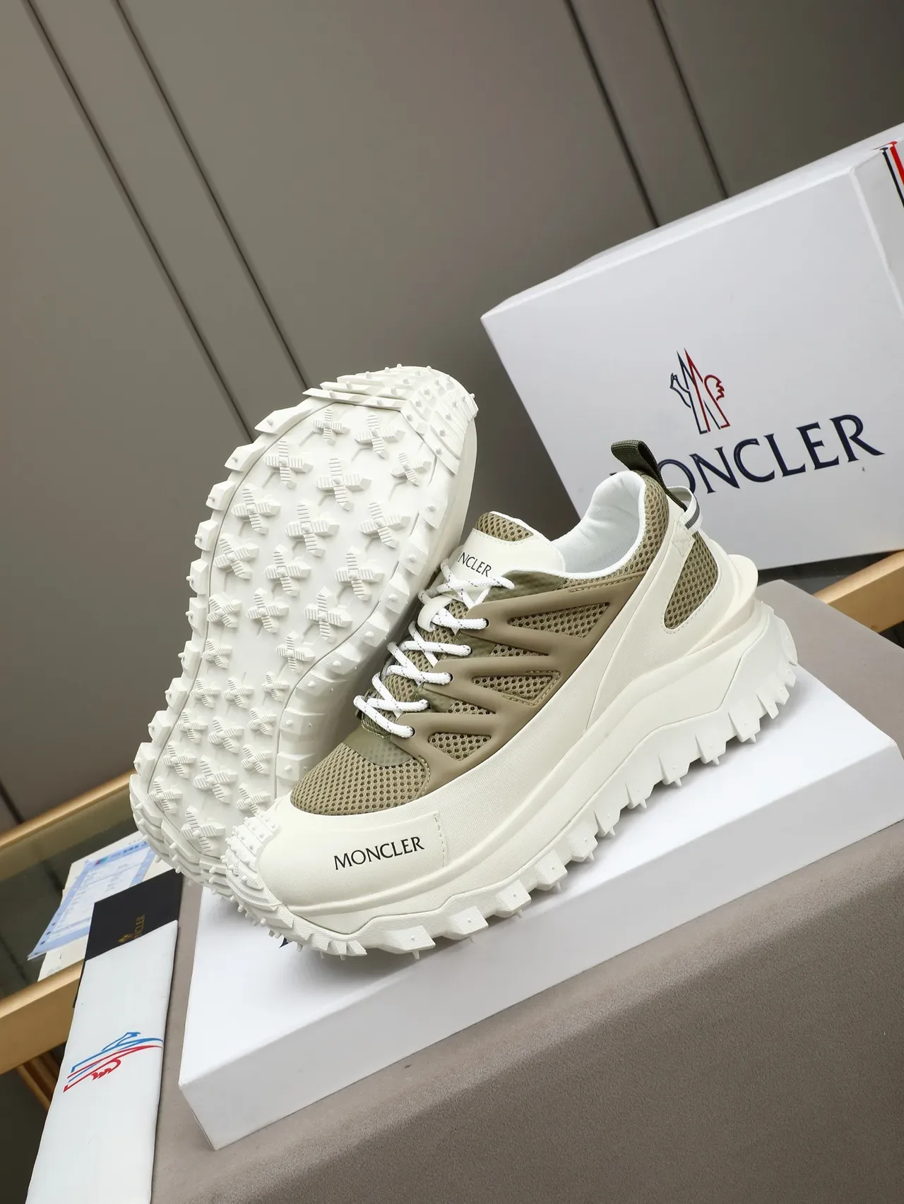 Moncler Beige Army Green Chunky Sole Mesh And Synthetic Overlay Construction Sneakers 4