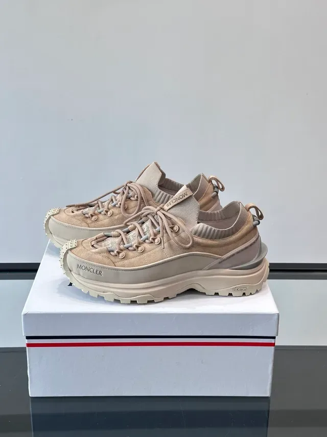 Moncler Beige Suede-Mesh Hiking-Inspired Chunky Sole Sneakers 4