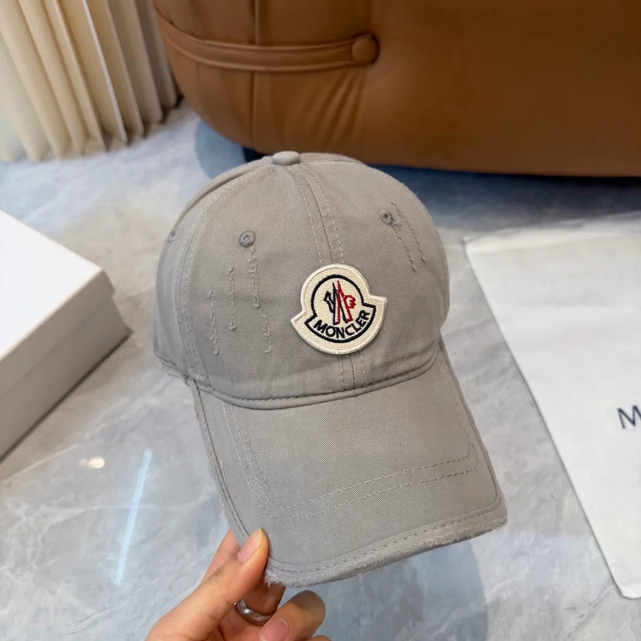 Moncler Distressed Washed Gray Baseball Cap 6
