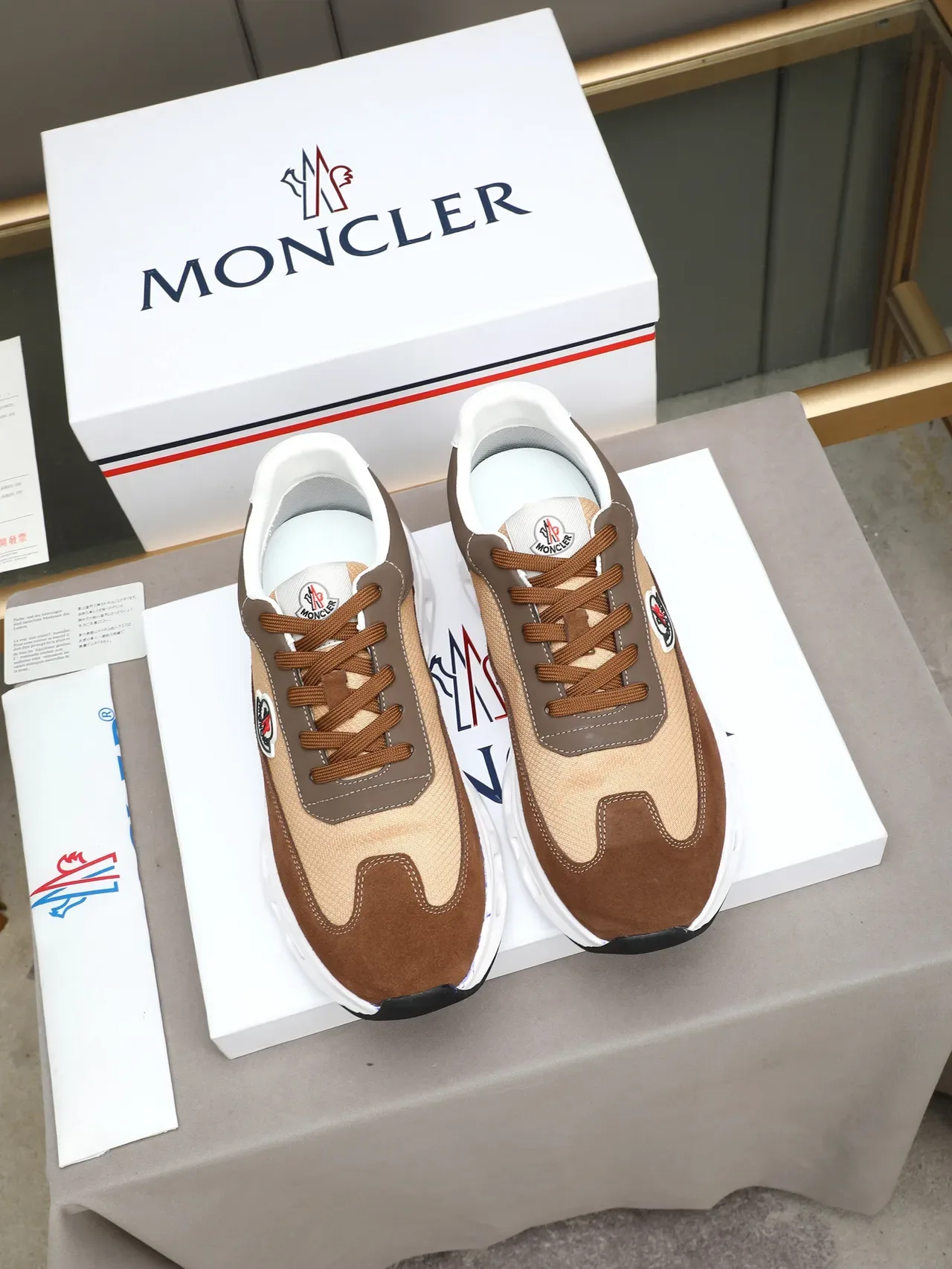 Moncler Maya Brown Beige Multi-Panel Suede And Textile Upper Vented Sculpted White Midsole Chunky Sneakers 2
