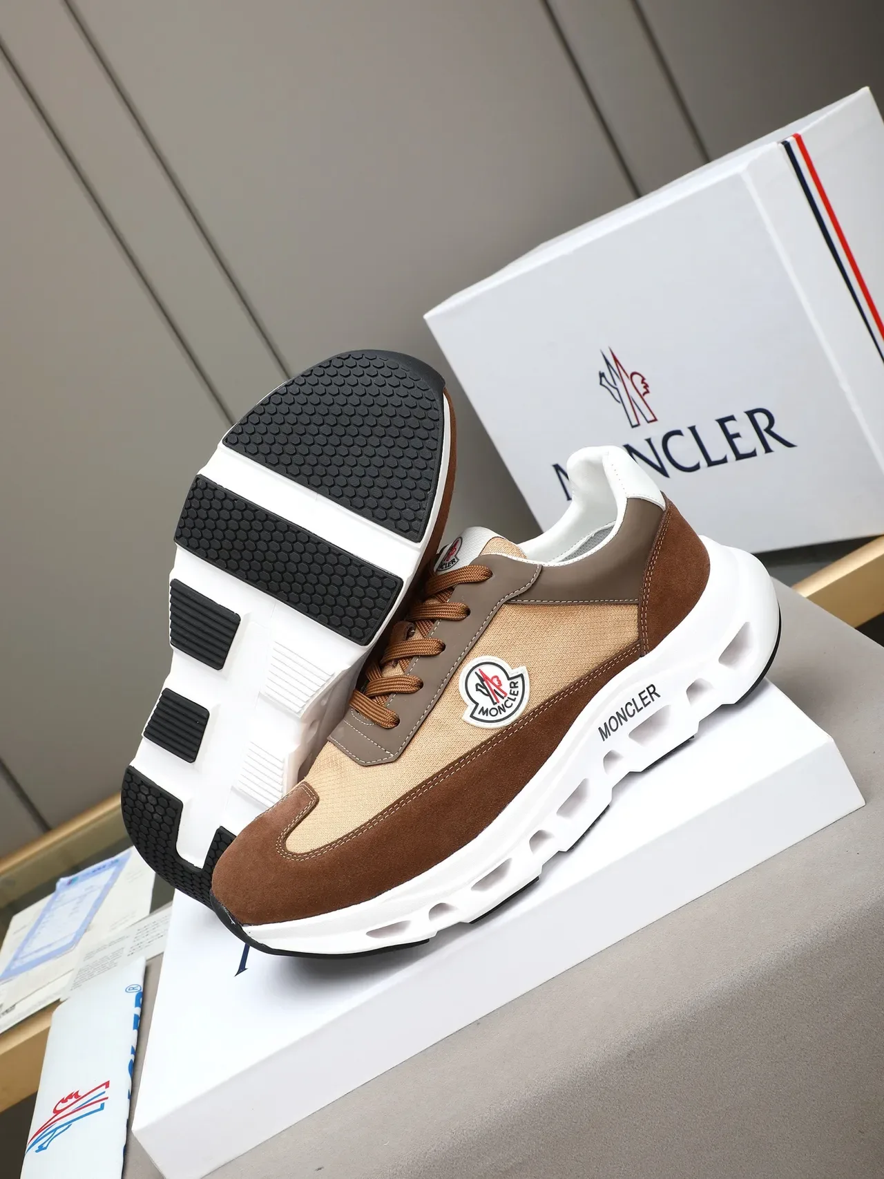 Moncler Maya Brown Beige Multi-Panel Suede And Textile Upper Vented Sculpted White Midsole Chunky Sneakers 4
