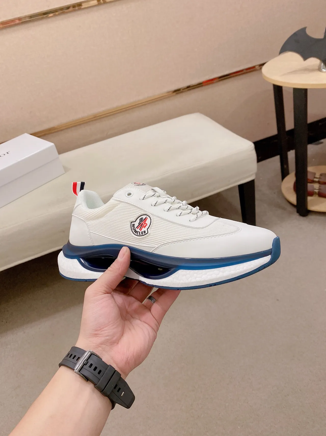 Moncler Blanc Marine Tricoté Textile Supérieur Bleu Transparent Semelle Milieu Channel Lifestyle Sneakers 5