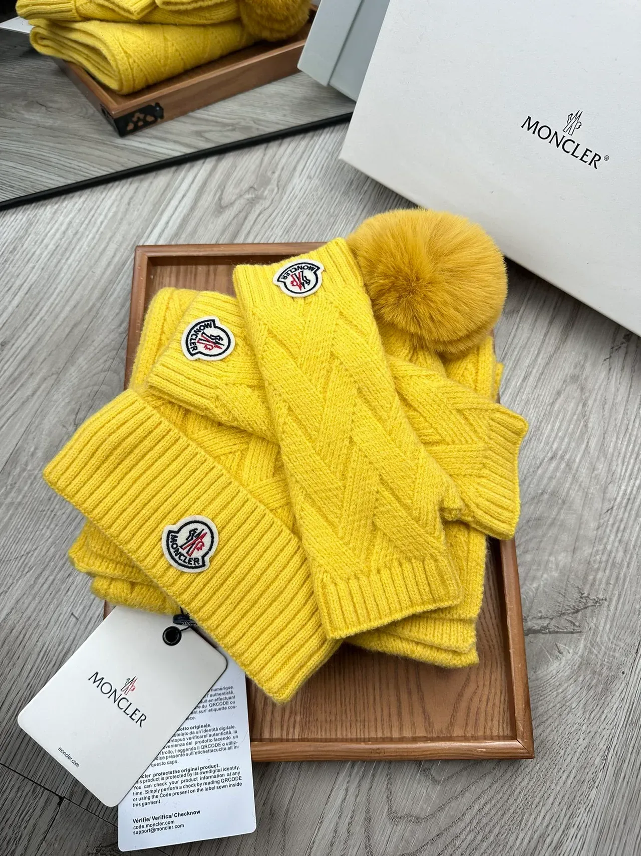 Moncler Yellow Cable-Knit Pattern Fur Pom-Pom Beanie 3
