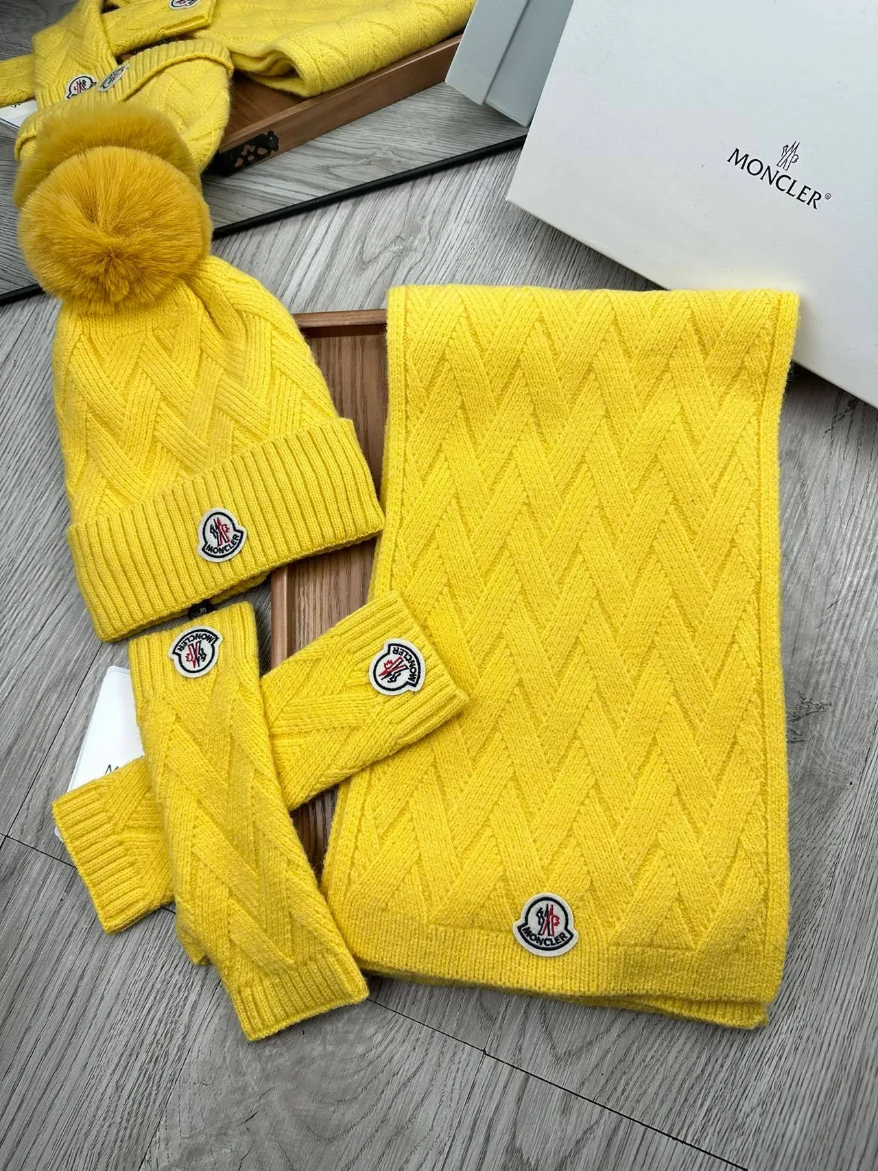Moncler Yellow Cable-Knit Pattern Fur Pom-Pom Beanie 5