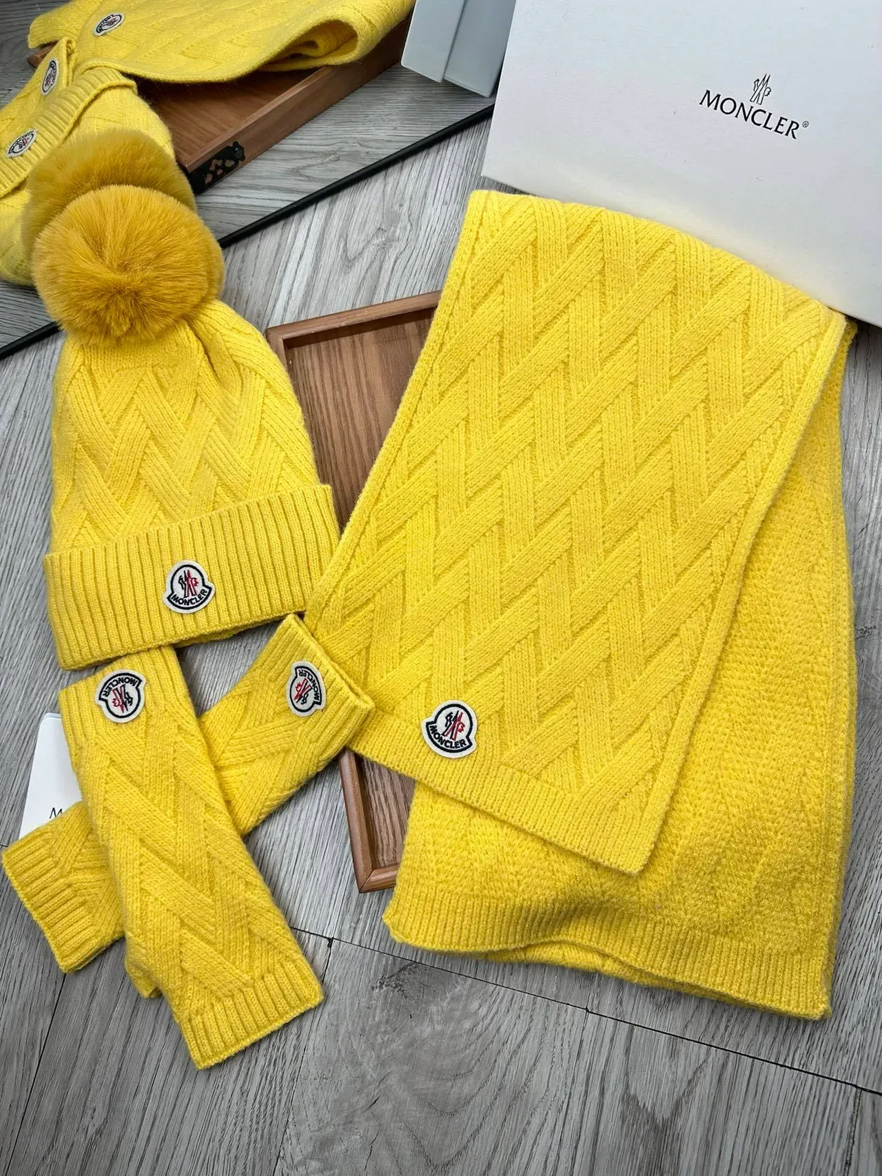 Moncler Yellow Cable-Knit Pattern Fur Pom-Pom Beanie 6