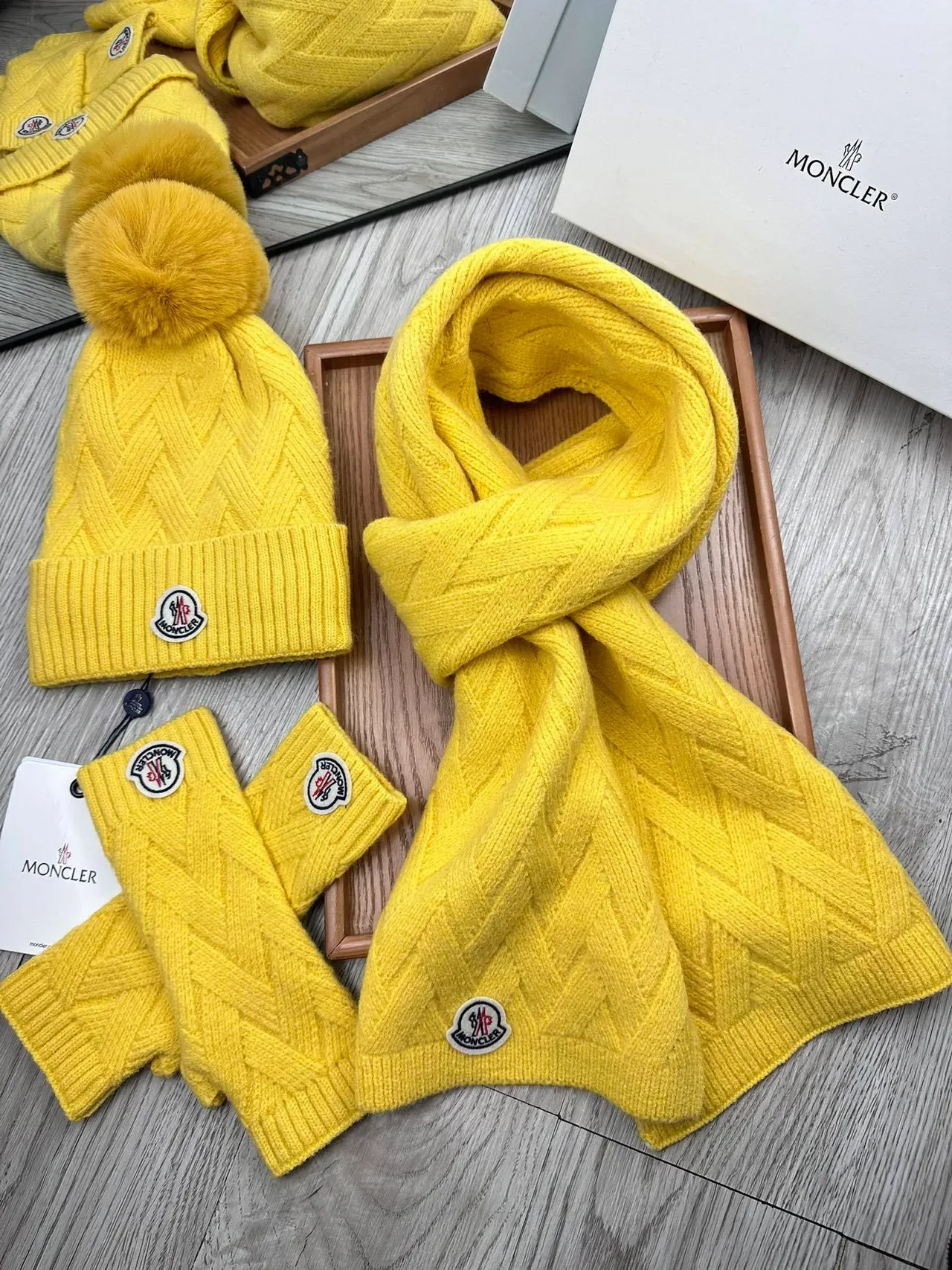 Moncler Yellow Cable-Knit Pattern Fur Pom-Pom Beanie 9