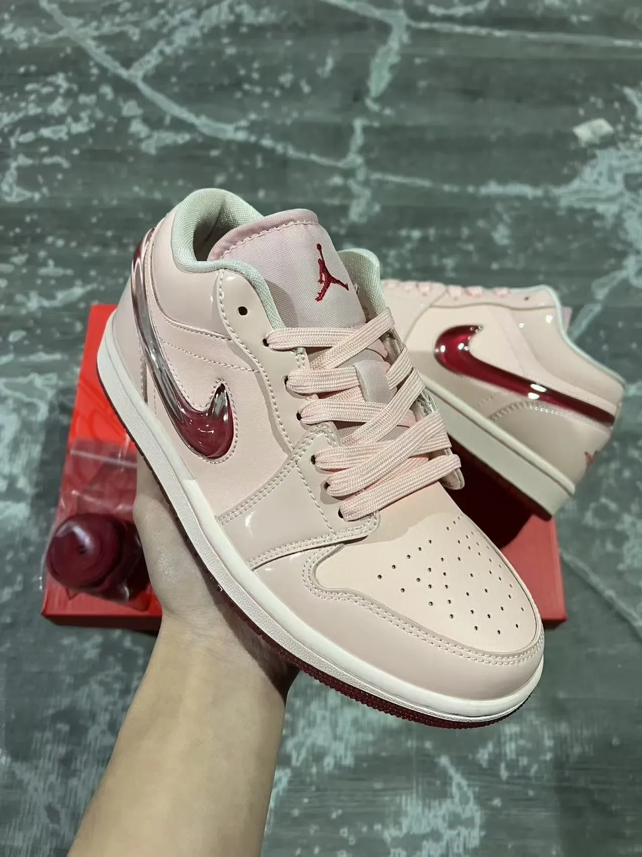 Nike Air Jordan 1 Low Pink and Red Glossy Lifestyle Sneakers 2
