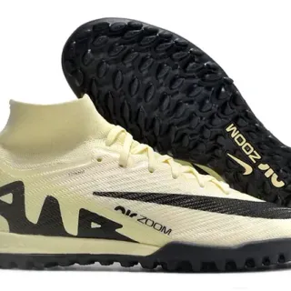 Nike Air Zoom Beige Black High-Cut Knit Collar Synthetic Overlay Paneling Turf Soccer Shoes
