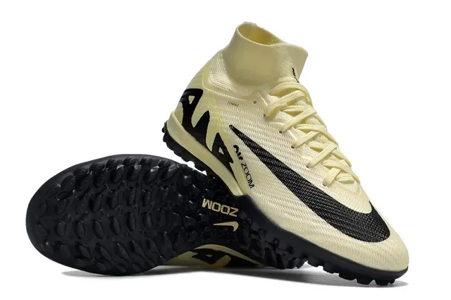 Nike Air Zoom Bege Preto Corte Alto Colar de Malha Painel de Superposição Sintético Gramado Sapatos de Futebol 2