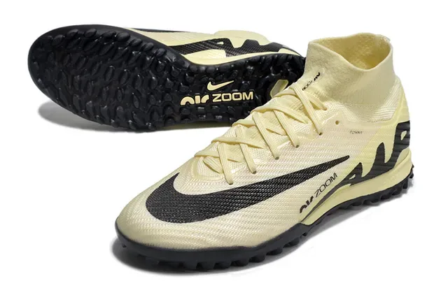 Nike Air Zoom Bege Preto Corte Alto Colar de Malha Painel de Superposição Sintético Gramado Sapatos de Futebol 3