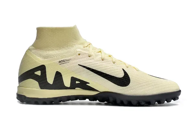 Nike Air Zoom Bege Preto Corte Alto Colar de Malha Painel de Superposição Sintético Gramado Sapatos de Futebol 5