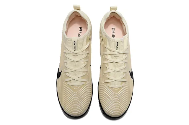 Nike Beige Black Ribbed Knit Upper Swoosh Overlay Turf Soccer Shoes 2