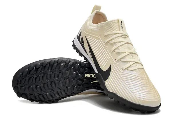 Nike Beige Black Ribbed Knit Upper Swoosh Overlay Turf Soccer Shoes 3