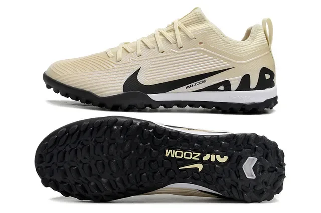 Nike Beige Black Ribbed Knit Upper Swoosh Overlay Turf Soccer Shoes 5