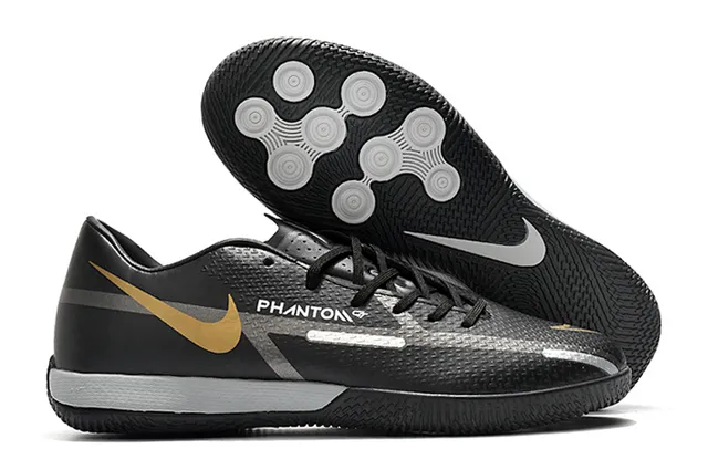 Nike Tênis de futebol indoor preto e marrom, perfil baixo, parte superior sintética, painel de acento de cobre metálico 9