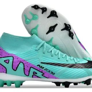 Nike Blue Purple High-Cut Bootie Collar Synthetic Textured Upper Firm-Ground Soccer Shoes