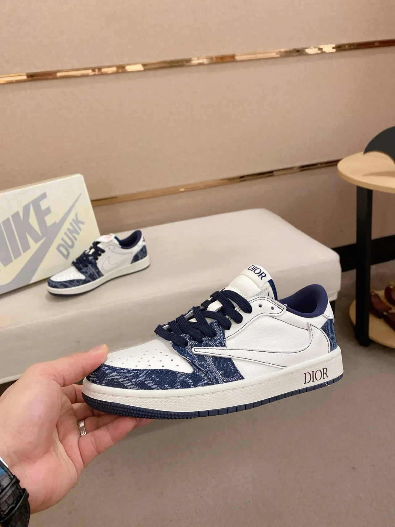 Nike Dunk Low White Navy Denim Print Lifestyle Sneakers 3