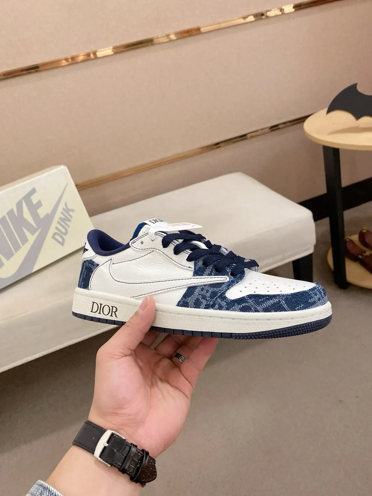Nike Dunk Low White Navy Denim Print Lifestyle Sneakers 4