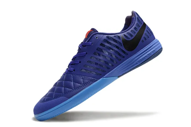 Nike Lunar Gato Púrpura Azul Caja de los dedos acolchada Paneles de ventilación a rayas Zapatos de fútbol interior 2