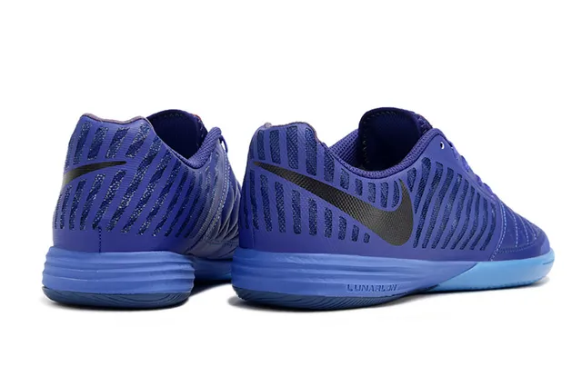 Nike Lunar Gato Púrpura Azul Caja de los dedos acolchada Paneles de ventilación a rayas Zapatos de fútbol interior 4