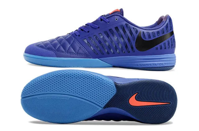 Nike Lunar Gato Púrpura Azul Caja de los dedos acolchada Paneles de ventilación a rayas Zapatos de fútbol interior 5