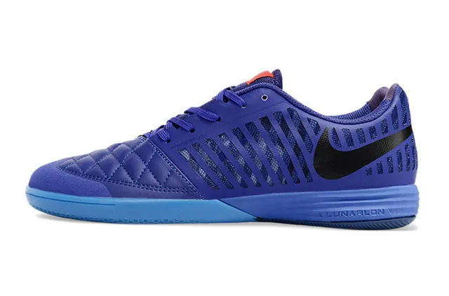 Nike Lunar Gato Púrpura Azul Caja de los dedos acolchada Paneles de ventilación a rayas Zapatos de fútbol interior 6