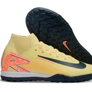 Nike Mercurial Superfly Yellow Orange High-Cut Sock-Fit Collar Asymmetrical Heel Cage Indoor Soccer Shoes