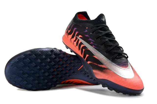Nike Mercurial Vapor أسود برتقالي منخفض القطع محبك الوجه الخارجي طباعة اللهب رسم تورف أحذية كرة القدم 2