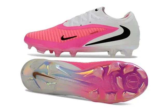 Nike Mercurial أحذية كرة القدم بيضاء ووردية مع وجه علوي من الخياطة وشريط منتصف القدم مع أضلاع وتسنين للأرضية الصلبة 7