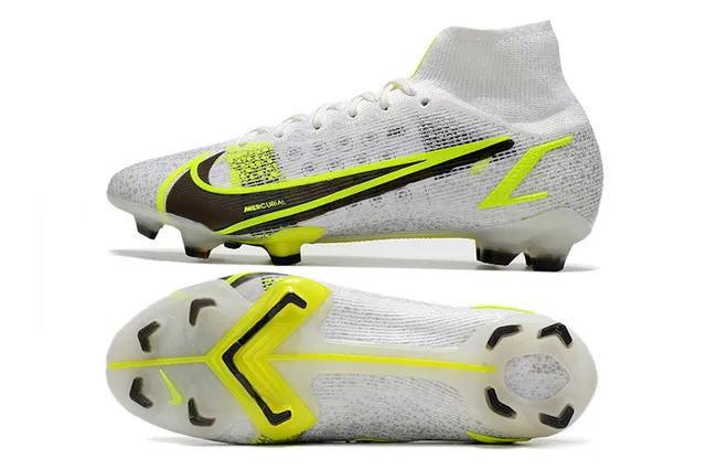 Nike Mercurial Blanc Jaune Bottine Haut Coupe Supérieur Maille Tissée Construction Sol Firme Chaussures de Football 2