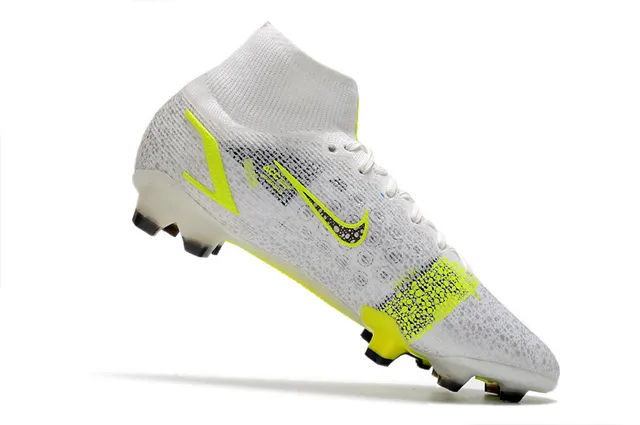 Nike Mercurial Blanc Jaune Bottine Haut Coupe Supérieur Maille Tissée Construction Sol Firme Chaussures de Football 3