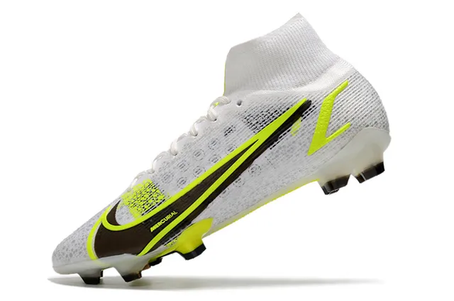 Nike Mercurial Blanc Jaune Bottine Haut Coupe Supérieur Maille Tissée Construction Sol Firme Chaussures de Football 4