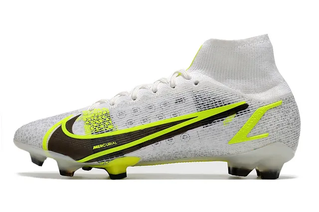 Nike Mercurial Blanc Jaune Bottine Haut Coupe Supérieur Maille Tissée Construction Sol Firme Chaussures de Football 5