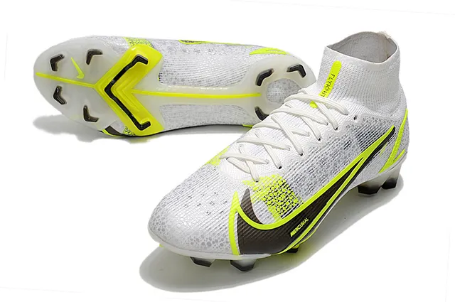 Nike Mercurial Blanc Jaune Bottine Haut Coupe Supérieur Maille Tissée Construction Sol Firme Chaussures de Football 6