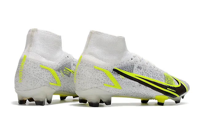 Nike Mercurial Blanc Jaune Bottine Haut Coupe Supérieur Maille Tissée Construction Sol Firme Chaussures de Football 7