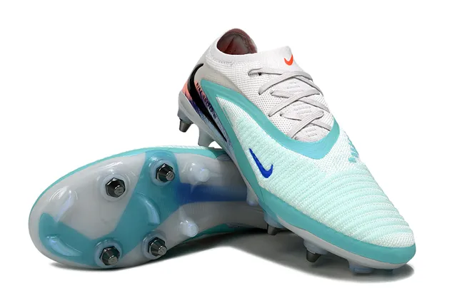Nike Phantom GT Blanc Bleu Bas Coupé Tricot Supérieur Lacets Asymétriques Terrain Ferme Chaussures de Football 4