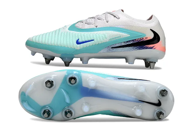 Nike Phantom GT Blanc Bleu Bas Coupé Tricot Supérieur Lacets Asymétriques Terrain Ferme Chaussures de Football 6
