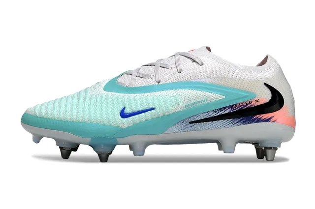 Nike Phantom GT Blanc Bleu Bas Coupé Tricot Supérieur Lacets Asymétriques Terrain Ferme Chaussures de Football 7