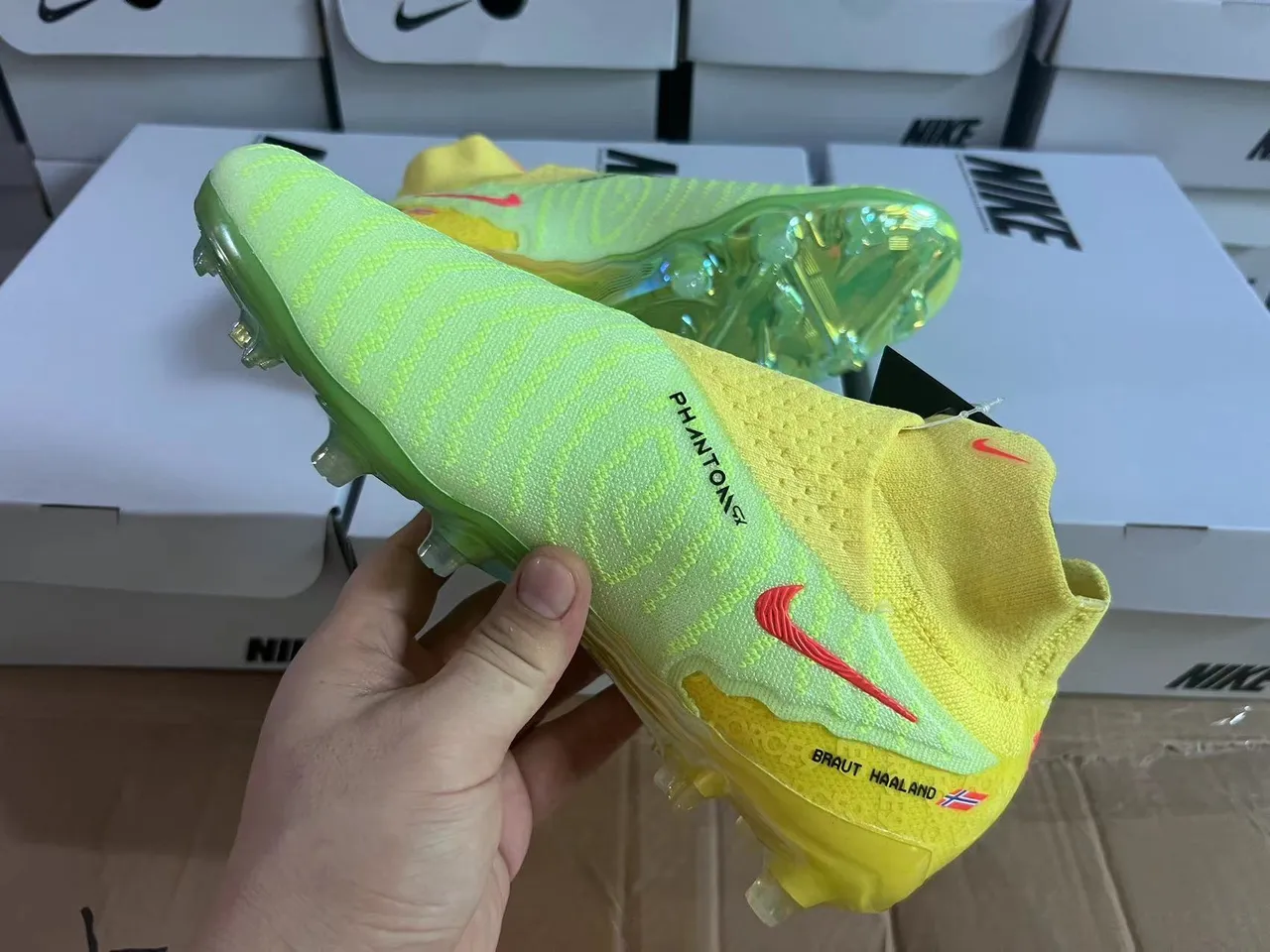 Nike Phantom GT Yellow Green Sock-Fit Knit Upper Translucent TPU Outsole Firm-Ground Soccer Shoes 12