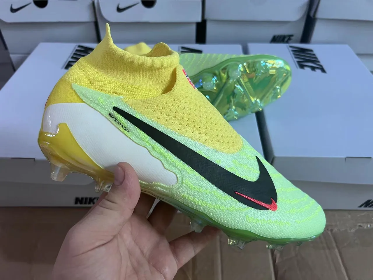 Nike Phantom GT Yellow Green Sock-Fit Knit Upper Translucent TPU Outsole Firm-Ground Soccer Shoes 14