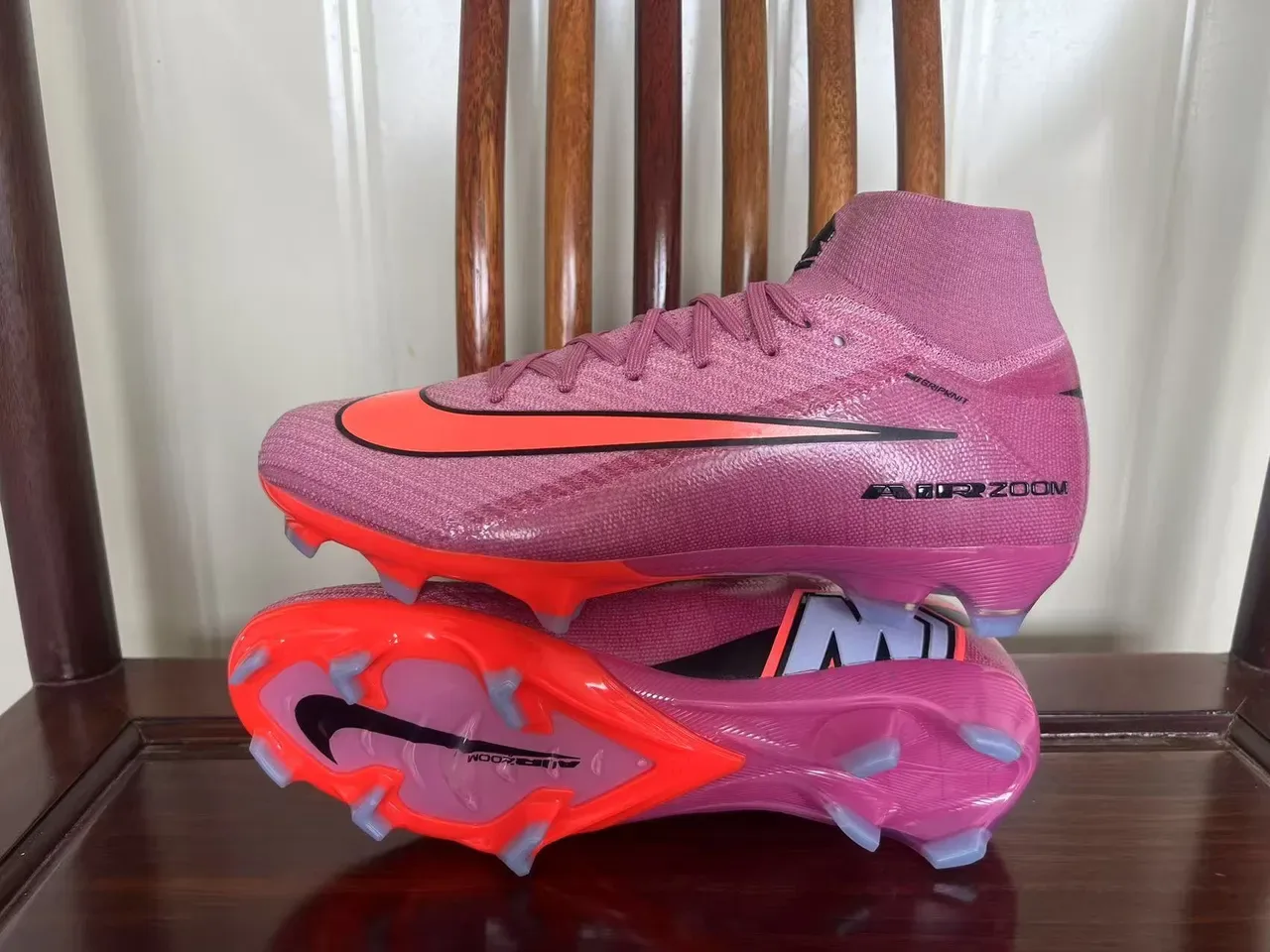 Nike Rosa Naranja Alto Corte Flyknit Tacón Claveteado Superficie Firme Zapatos de Fútbol 7