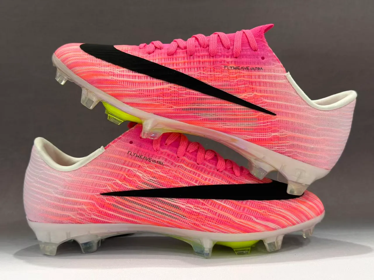 Nike Pink Yellow Flyweave Knit Upper Transparent Outsole Firm-Ground Soccer Shoes 2