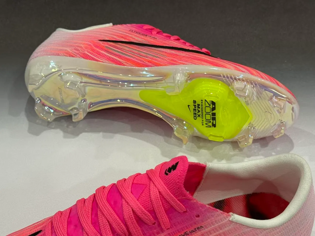 Nike Pink Yellow Flyweave Knit Upper Transparent Outsole Firm-Ground Soccer Shoes 3